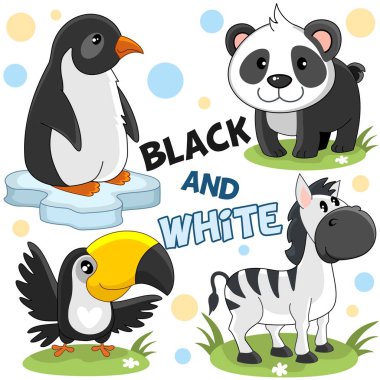 Vahşi hayvanlar ve kuşlar beyaz ve siyah çocuklar ve tasarım için kümesi. Bir görüntü bir penguen, panda, Tukan ve çizgili zebra.