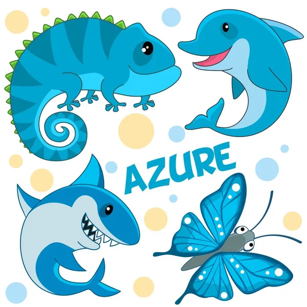 A set of wild marine animals, reptiles and an insect azure color for children and design. Image of a shark, dolphin, butterfly and chameleon, lizard.