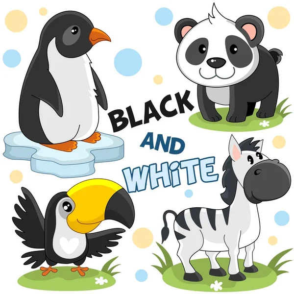 Sada Divokých Zvířat Ptáků Bílé Černé Pro Děti Design Obrázek — Stockový vektor