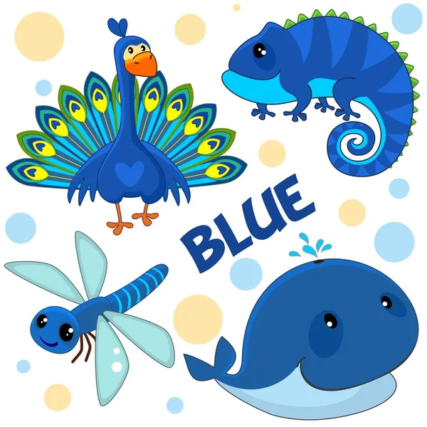 Conjunto Animales Salvajes Aves Reptiles Insectos Para Niños Diseño Azul — Archivo Imágenes Vectoriales