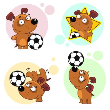 Tasarım ve çocuklar için köpeklerle karikatür simgeler kümesi. Top ve bir kazanan bir yıldız şeklinde oynayan bir futbolcu görüntüsünü.