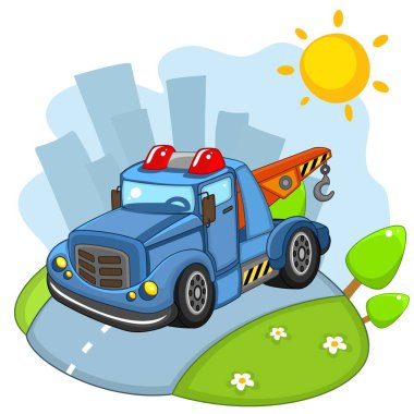 Büyük tekerlekleri ve farlar ve siren sesi ile mavi araba bina büyük bir kargo şehir de yol gezintisi.
