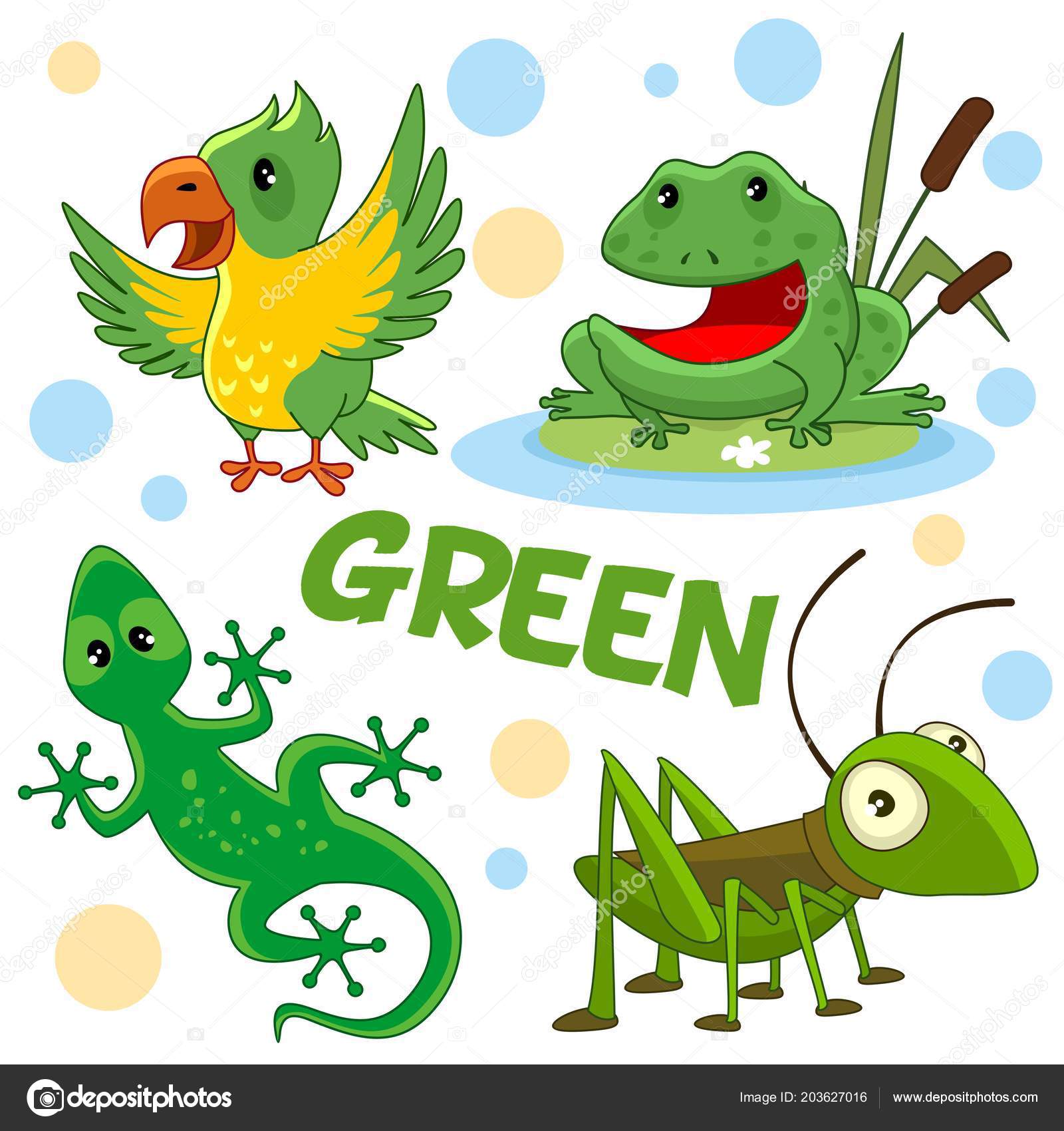 Set Cartoon Birds Insects Reptiles Children Green Design