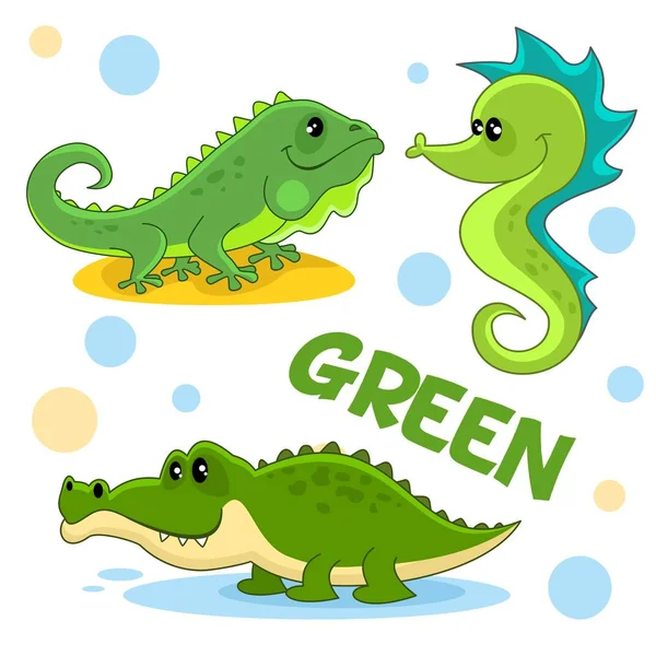 Conjunto Dibujos Animados Verdes Con Reptiles Animales Marinos Para Niños — Archivo Imágenes Vectoriales