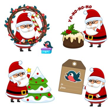 Noel Baba ile simgeler kümesi bir Noel ağacı bir yıldız Giydir, Noel kek yemek istiyor, bir vintage etiketi tutar ve bir şeker ve bir çelenk.