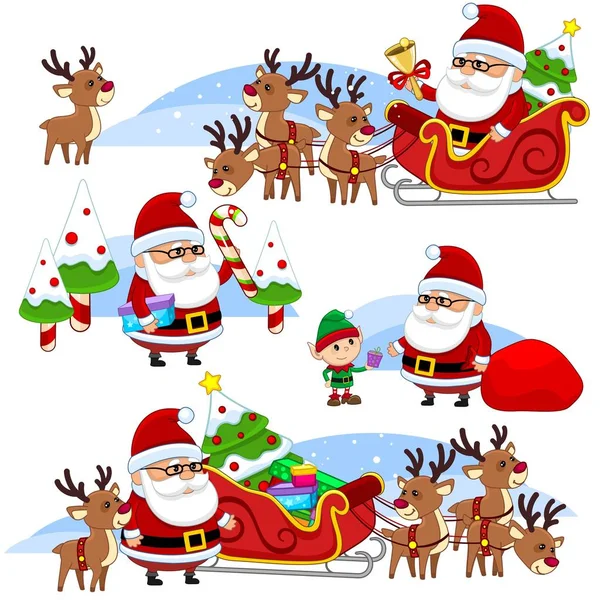 サンタ クロースと子供やデザイン イラストの設定 鹿とそりサンタの乗り物 エルフ お菓子とプレゼントの袋を — ストックベクタ