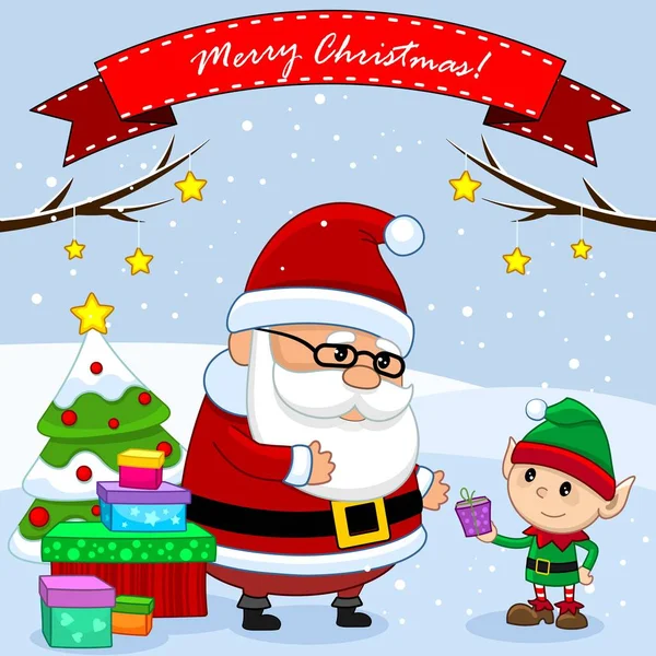Noel Baba Bir Elf Ile Bir Hediye Bir Noel Ağacı — Stok Vektör