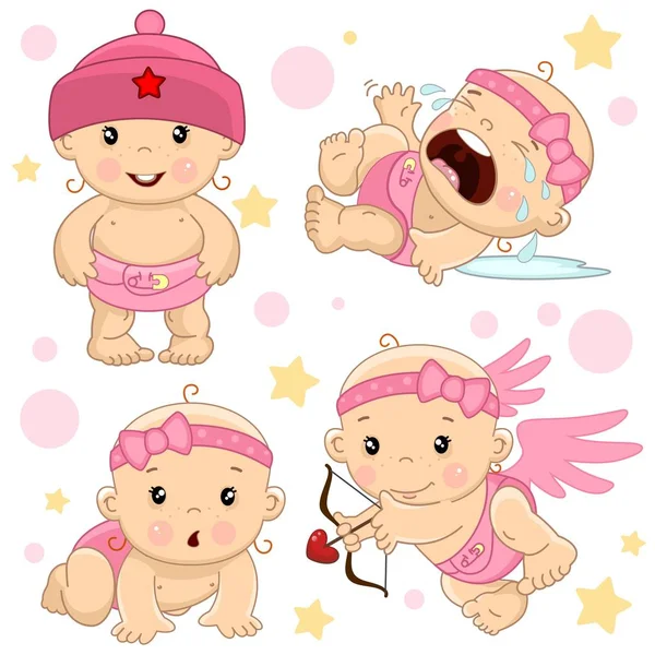 在一顶帽子 哭泣和歇斯底里的女孩 孩子的婴儿的图标的一组插图 在所有四肢爬行 天使从洋葱的心脏射出箭头 — 图库矢量图片