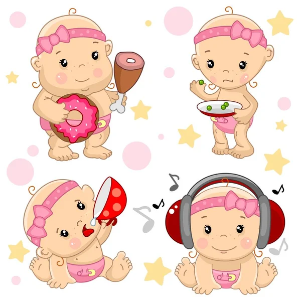 一组关于女孩的婴儿的图标的插图是薄和脂肪 饥饿和丰满 与一杯饮料 听音乐的耳机 — 图库矢量图片