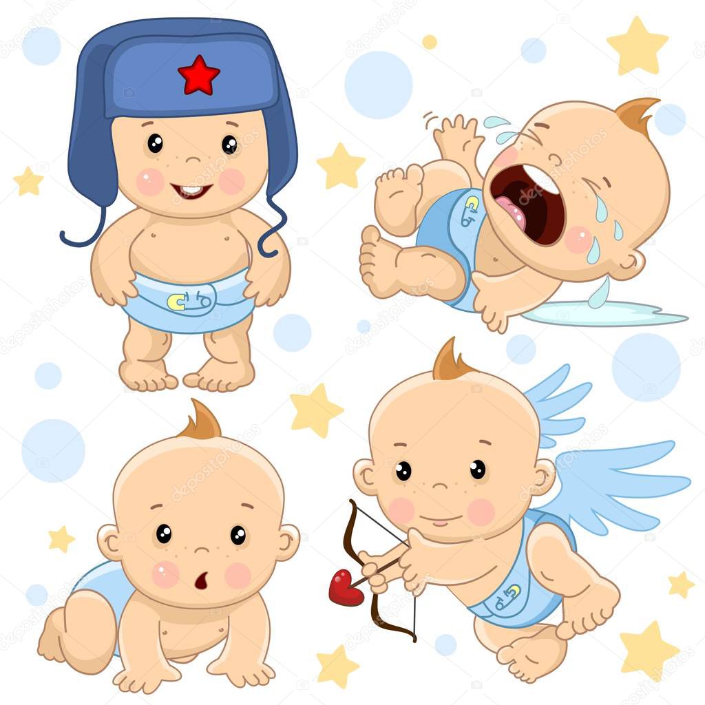 A set of illustrations of icons of baby of children of boy standing in a hat, crying and in hysterics, creeps on all fours, an angel shoots arrows from an onion with a heart.