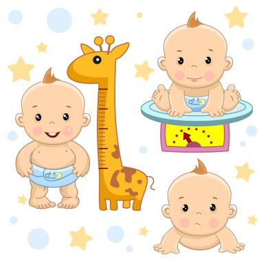 Çocuklar ve bebek için tasarım, küçük çocukların fotoğraf bir dizi büyüme ölçekler tartılır, ölçü ve üzgün sürünür.