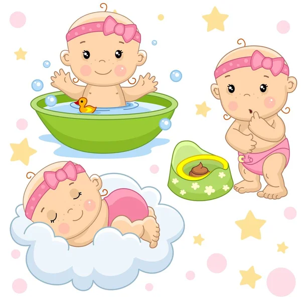 Set Images Little Children Girls Baby Design Washing Bathroom Douche — Stock Vector