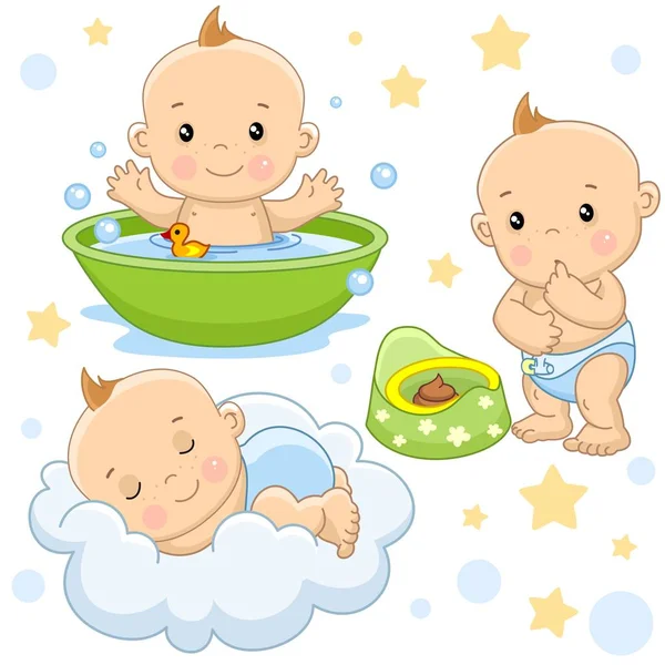 一组男孩和婴儿的小孩子的图像设计 洗在浴室与一个冲洗 睡在云上 看着粪在锅里 — 图库矢量图片