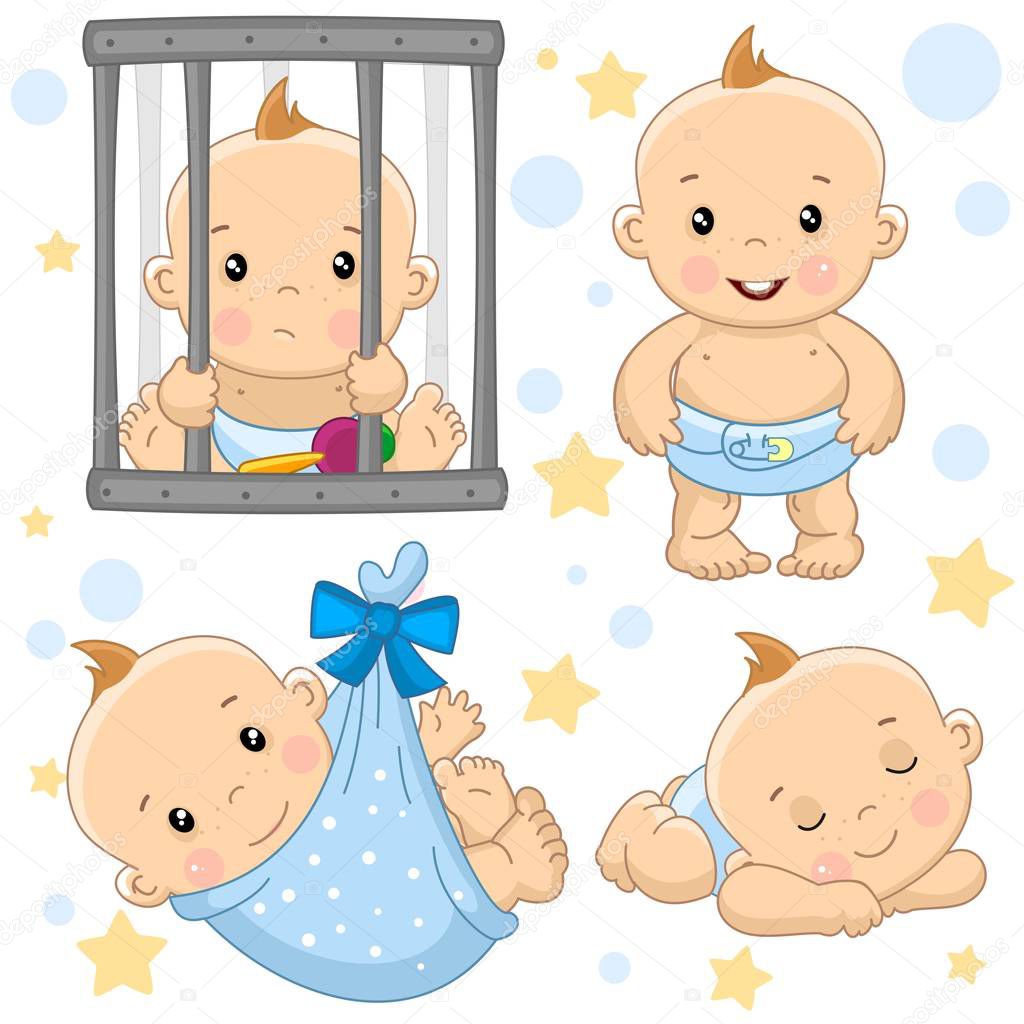 A set of drawings with young boys for design, the boy behind the bars is sad, standing and laughing, wrapped in a diaper bag, sleep and resting.