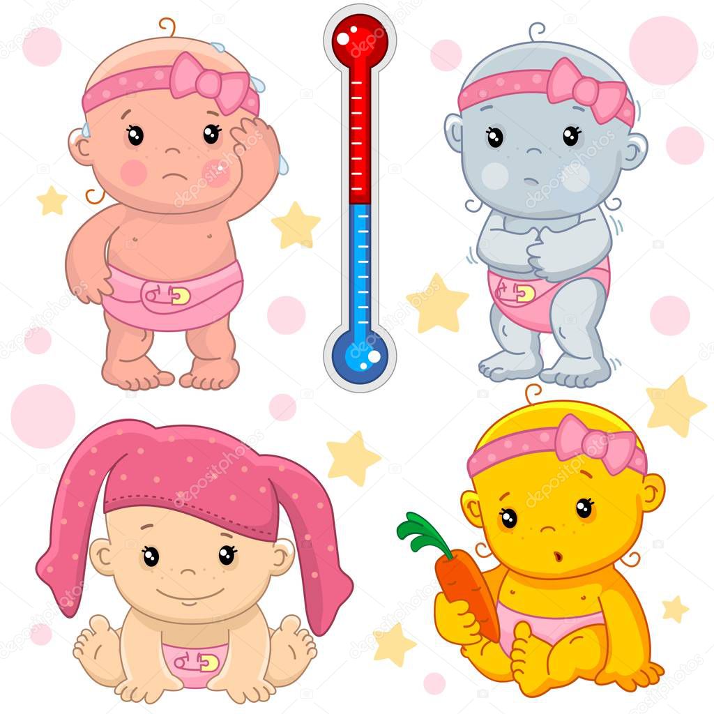 A set of drawings with young children for design, a girl with a thermometer to her is cold and hot, with pantyhose on her head, sitting with a carrot in the hands of an orange.