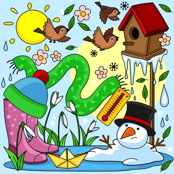 Piękne Kolorowe Ilustracja Wiosny Obiektami Wiosna Birdhouse Ptaków Snowman Stopiony — Wektor stockowy