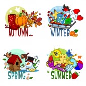 Sada dýně s botami, saně s hračkami a dárky, kreslené ilustrace ze čtyř ročních období, jaro, zima, léto a jaro, hrad z písku s shell holubník s ptáky.