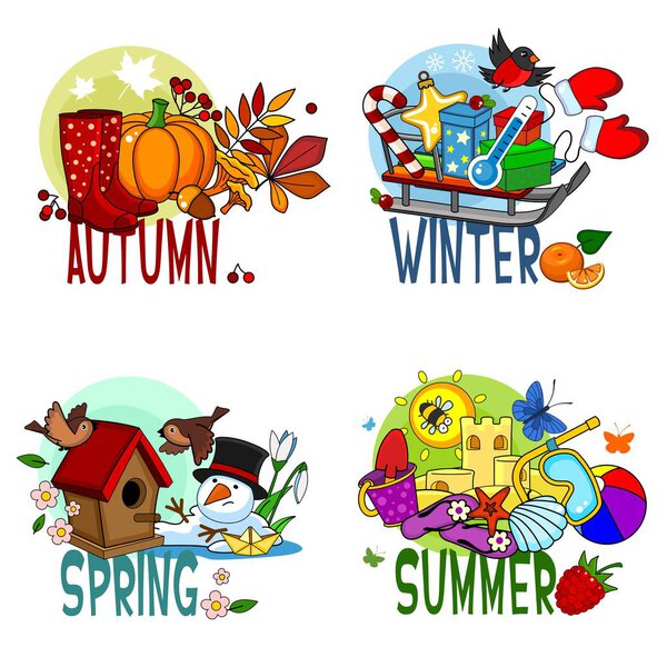 Набор карикатурных иллюстраций четырех времен года: весна, зима, лето и весна, тыква с сапогами, сани с игрушками и подарками, скворечник с птицами, песчаный замок с раковиной
.