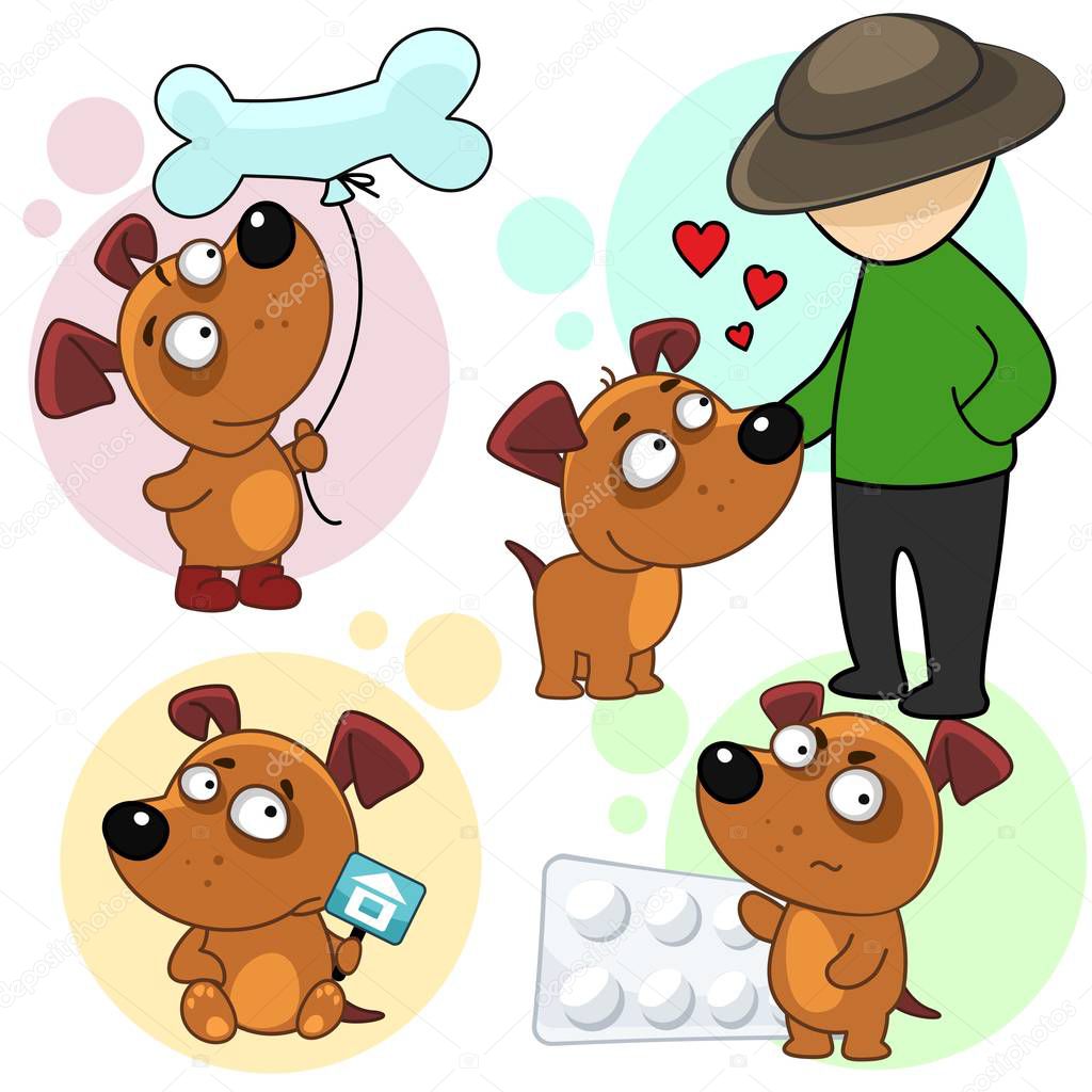 Set of cartoons icons for children and design with dogs. A dog with a balloon bone, sitting sad looking for a house, holding pills and sick, standing next to the owner.