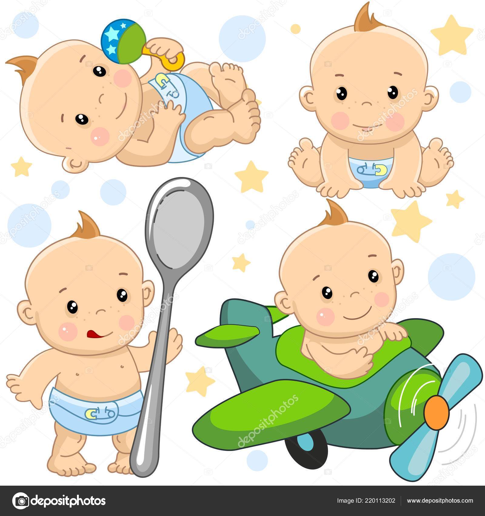 男の子の赤ちゃんとアイコンのイラストのセットに座っている あるとガラガラを保持 食糧のための大きいスプーンで空腹の略 旅の残りの部分に飛行機で飛ぶ 無料のストックベクター C Huhabra