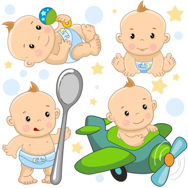 Bir oğlan, simgelerin çizimler bir dizi oturur, yatıyor ve çıngırak tutar, yemek için büyük bir kaşık ile aç duruyor, bir yolculuğa dinlenmek için bir uçak uçar.