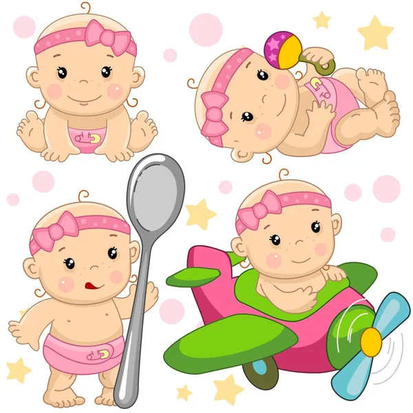 一组插图的图标与一个女婴 谎言和持有拨浪鼓 站在饥饿与一个大勺食物 苍蝇在飞机上休息的旅程 — 图库矢量图片