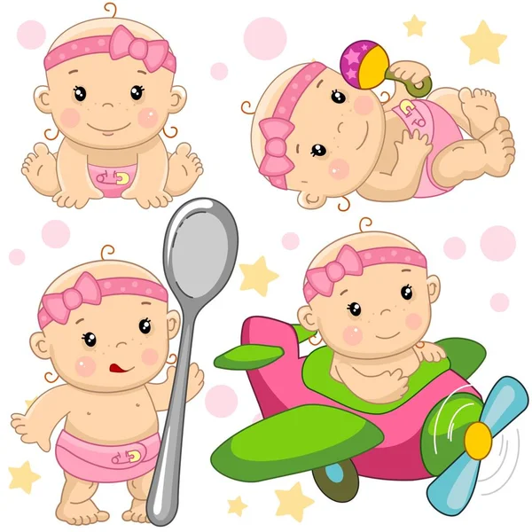 Conjunto Ilustraciones Iconos Con Una Niña Sienta Miente Sostiene Sonajero — Vector de stock