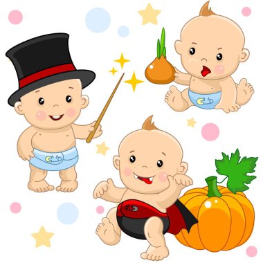 Bir bebek kız ve çocuk ile simgelerin illüstrasyonlar kümesi, bir çocuk bir şapka ve değnek, vampir kostümlü bir Halloween balkabağı yakınındaki bir sebze soğan ile hileler gösterir.