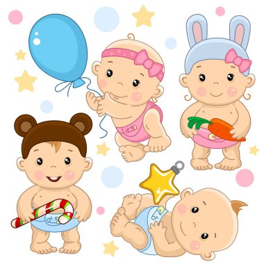 Bir bebek kız ve çocuk ile simgelerin illüstrasyonlar kümesi, bir balon bir havuç, bir çocuk bir ayı maskeli bir kahve Noel, bir çocuk bir yıldız holding ile Holding'in kostüm giymiş bir tavşan kız uçar.