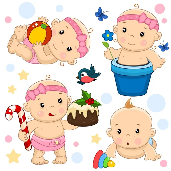 一组插图的图标与女婴和男孩 女孩躺在一个球 坐在花盆与花 在圣诞节举行蛋糕和糖果 男孩看着一个玩具金字塔 — 图库矢量图片
