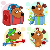 Set von Cartoon-Symbolen für Kinder und Hunde Design. ein Welpe in einer Tragetasche, eine Überraschung kommt aus einer Geschenkbox, hält ein Thermometer in einer Mütze und einem Schal, ist krank und hält einen Trank.