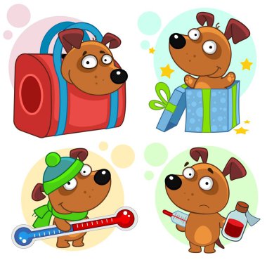 Çocuklar ve köpekler tasarımı için karikatür simgeler kümesi. Bir taşıma çantası içinde a köpek yavrusu, bir sürpriz bir hediye kutusu dışında gelir, şapka ve atkı bir termometre tutar, hasta ve bir iksir tutar.