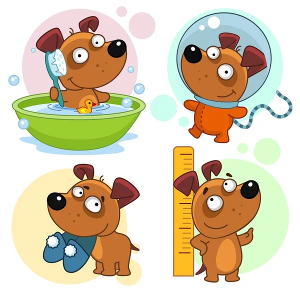 Set Cartoon Icons Kids Dogs Design Puppy Sits Bathroom Washes — Stock Vector