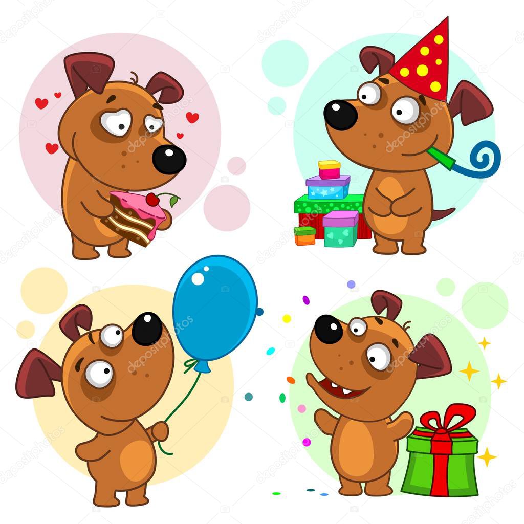 Set of cartoon icons for kids and dogs design. Birthday holiday, a dog with a cake, with a bunch of gifts and in a cap, with a blue balloon and throwing candy.