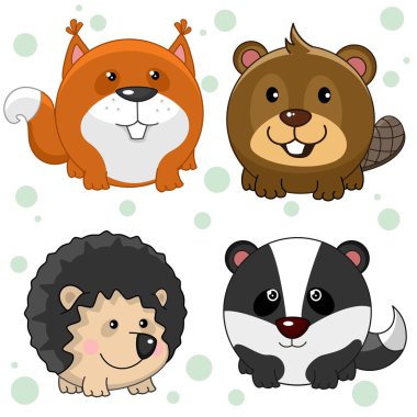 Set of beautiful round animal icons for kids and design. Round wild animals are squirrel, beaver, hedgehog and badger. clipart