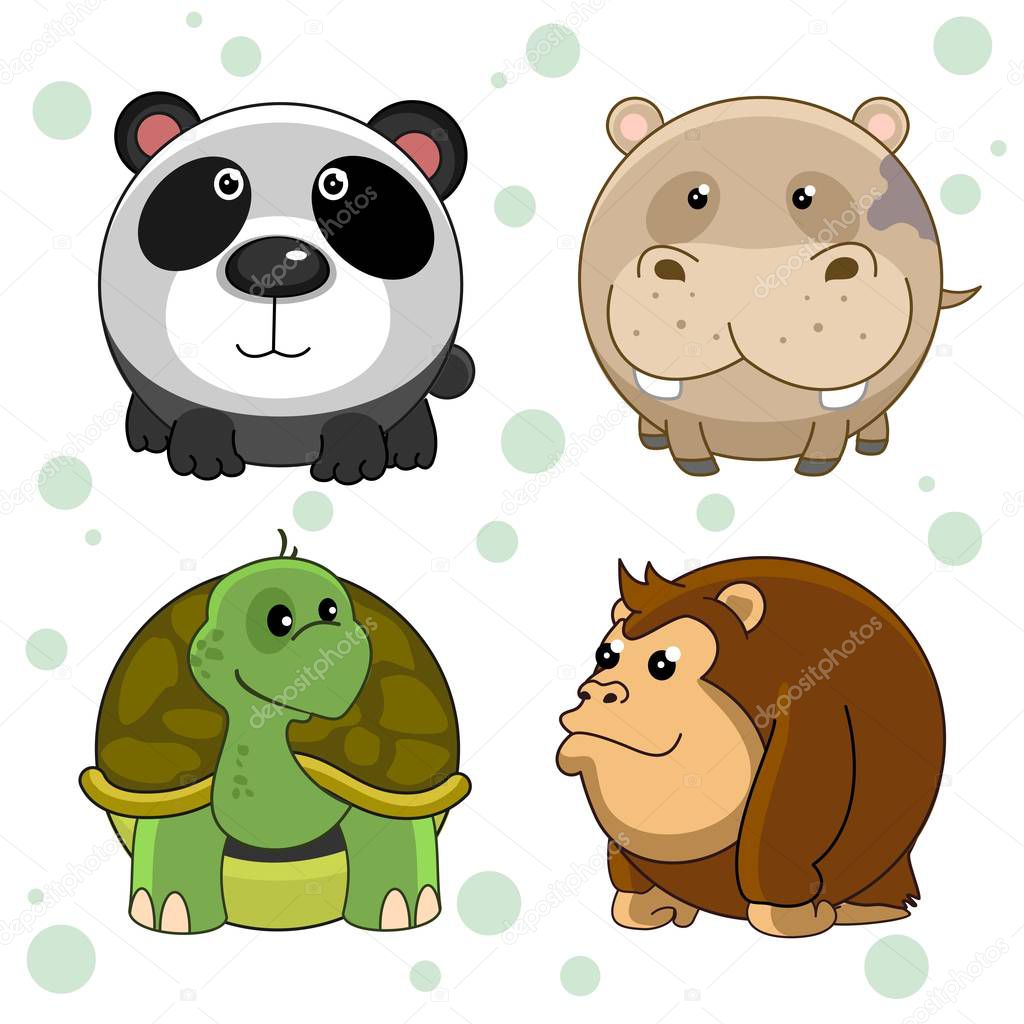 Set of beautiful round animal icons for kids and design. Round wild animals panda, hippopotamus, turtle and chimpanzee monkey.