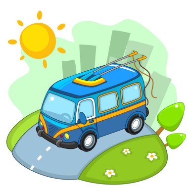 A beautiful illustration for children to study transport or design, a trolleybus is driving along the city road. clipart