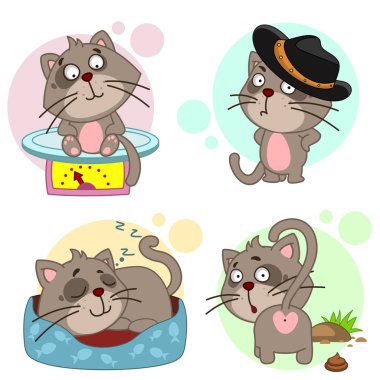 Bir dizi karikatür simgeleri ile çocuklar ve tasarım için bir kedi, kedi ölçekler üzerinde oturur ve tartmak, bir kovboy şapkalı bir yatakta uyuyor, üstünde belgili tanımlık sokak ve sokmak yürüyor.