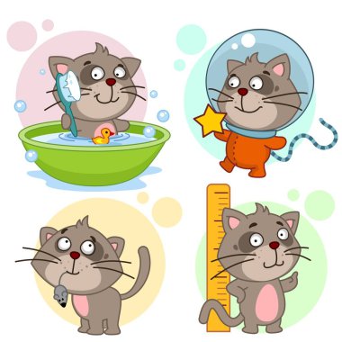 Karikatür simgeleri ile bir kedi çocuk ve tasarım için bir dizi, bir kedidir banyoda bir fırça, bir uzaylı bir yıldız, bir uzay giysisi içinde yıkanmış bir avcı bir fare yakaladı, onun yükseklik ölçer.