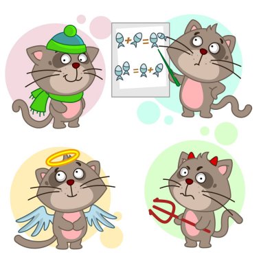 İle a kedi çizgi film simgelerin ayarlamak çocuk ve tasarım, bir kedi melek kanatları ve bir şapka ve bir eşarp kış, bir kedi öğretmen poster tarafından bir işaretçi ile bir şeytan için.