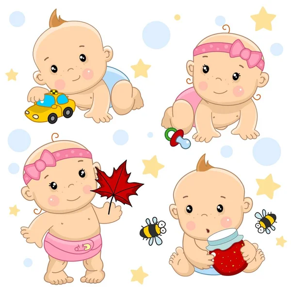 Conjunto Iconos Para Niños Niños Niñas Niño Sentado Con Tarro — Vector de stock