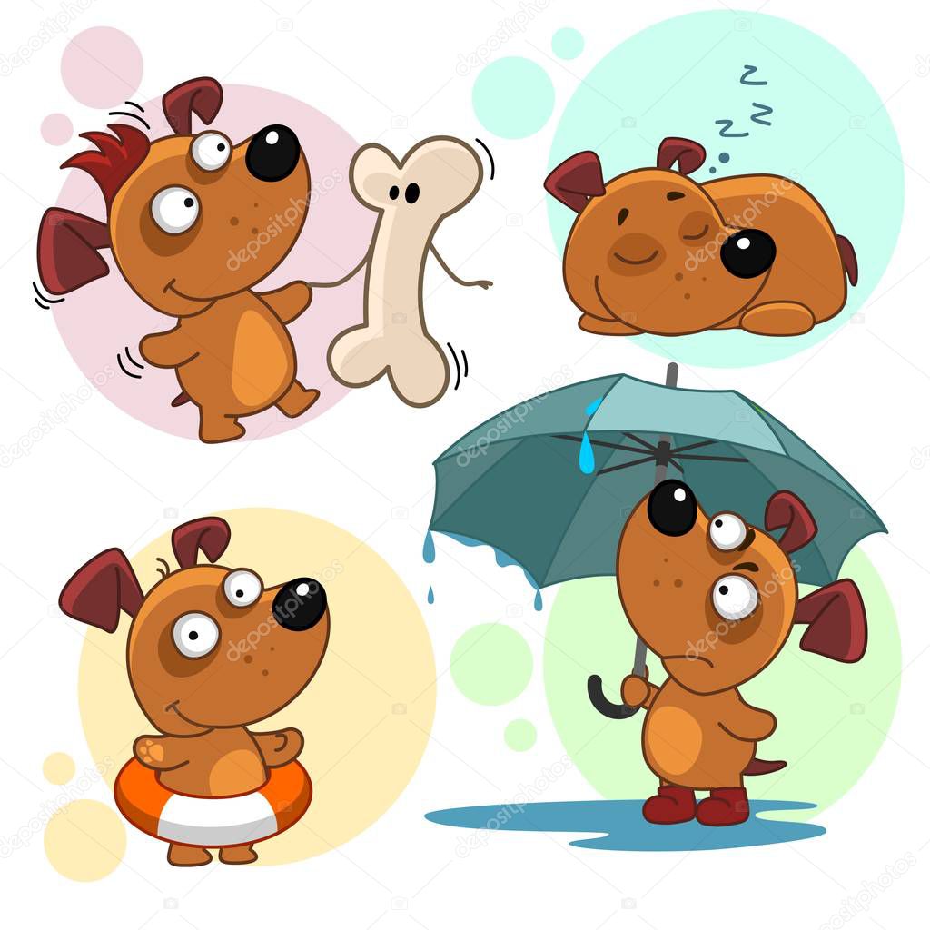 Set of icons with dogs for children and design, the dog is dancing with a bone, sleeping, with a lifebuoy dressed, standing under an umbrella and it is raining.