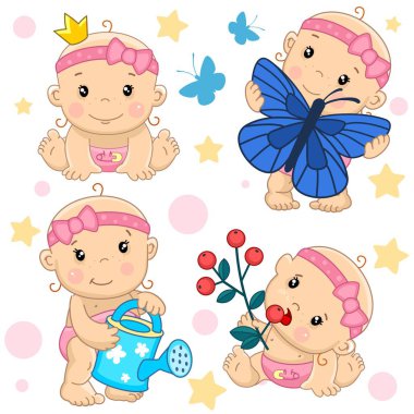 Kızlar çocuklar Icon set için çocuk ve tasarım, kız prenses, bir kelebeği yakalamak, bir sulama olabilir su, bir şube çilek ile tutun ve onları yemek.
