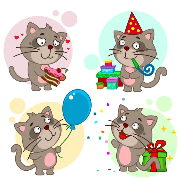 一套卡通图标的孩子和猫的设计 生日假期 一只带着蛋糕的狗 带着一堆礼物 戴着一顶帽子 带着一个蓝色的气球 扔糖果 — 图库矢量图片