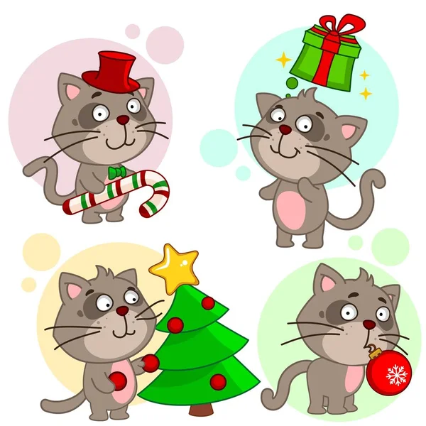子供たちとデザインのための猫 猫アイコンのセット キャンディと帽子 スタンドと贈り物の夢を着て立っている クリスマス ツリーを飾る その歯でお正月グッズを保持 — ストックベクタ
