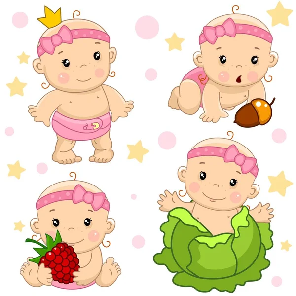 어린이 아기와 아이콘의 양배추에서 태어난 공주와 도토리에서 보이는 그녀의 라즈베리를 — 스톡 벡터