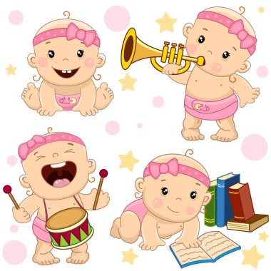 Çocuklar için çocuk ve tasarım, dişleri büyüdü, childs kızlar güzel küçük kızların simgeleri bir dizi o trompet müzik, davul üzerinde darbelere çalış bir kitap okur merakı ile.