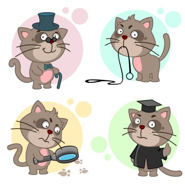Tasarım için kediler ile simgeler koleksiyonunun yedinci bölümü. Şapkalı ve bastonlu bir kedi, yürümek isteyen tasmalı bir kedi, büyüteçli bir kedi dedektifi ve kedi öğrencisi ya da yargıcı.