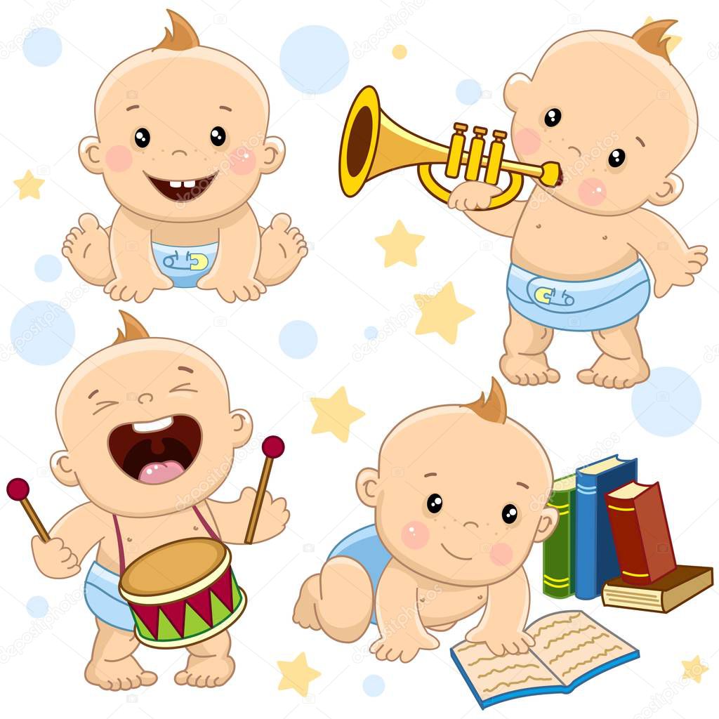 A set of beautiful little boys' icons for children for children and design, a childs boys teeth grew, he plays trumpet music, knocks on the drum, reads a book with curiosity.