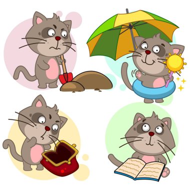 Çocuk ve tasarım için cats, kedi ile komik simgeleri bir dizi kemikleri gizler ve gömer, tatil, zavallı görünüyor boş bir cüzdan içine bir şemsiye altında sıcakta kedi bir kitap okur.
